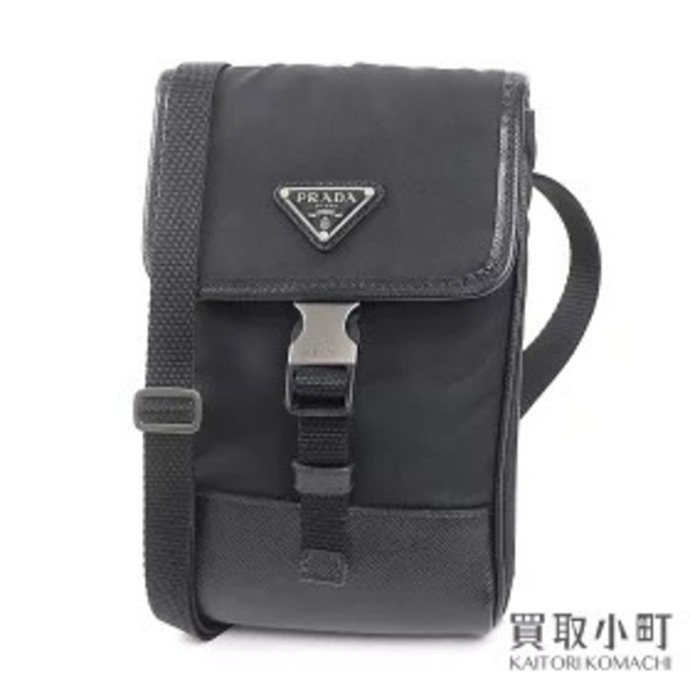 Prada Re Saffiano Leather Smartphone Case Black Shoulder Bag Tessuto Triangle